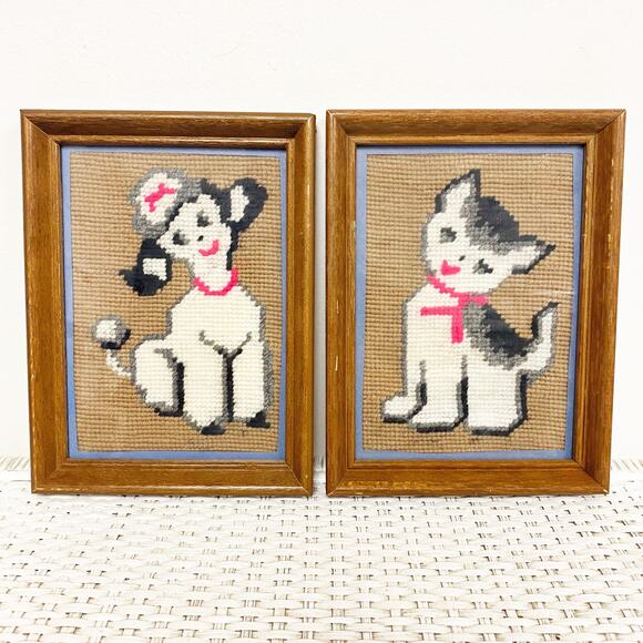 Vintage Other - Vintage Cross Stitch Cat Dog Mini Framed Art